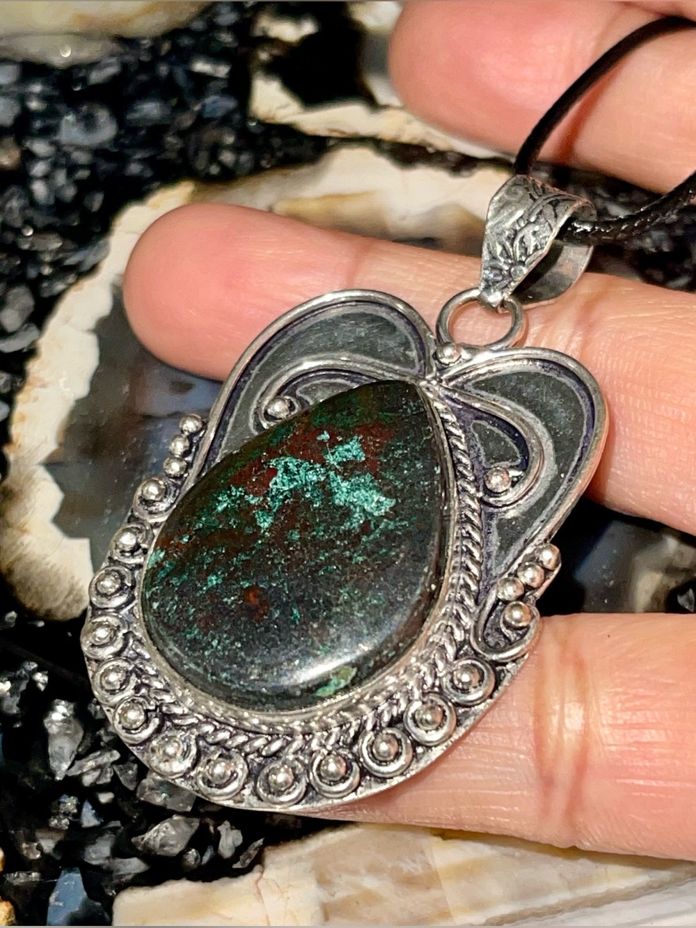 Dark Chrysocolla w Brownish-red Cuprite Pendant 2 1/2”